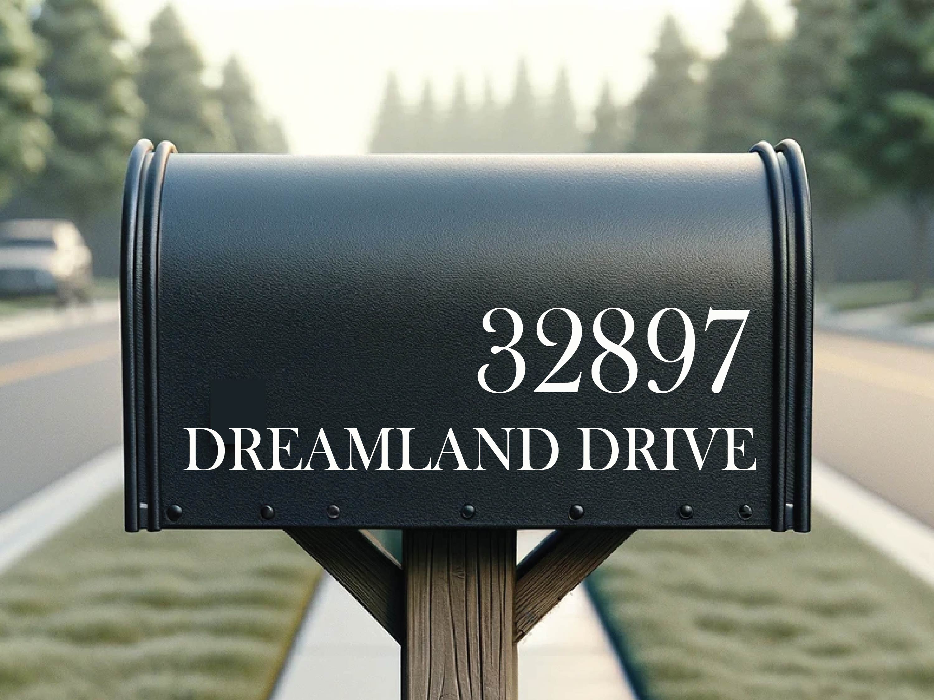 weatherproof address label applied to metal mailbox