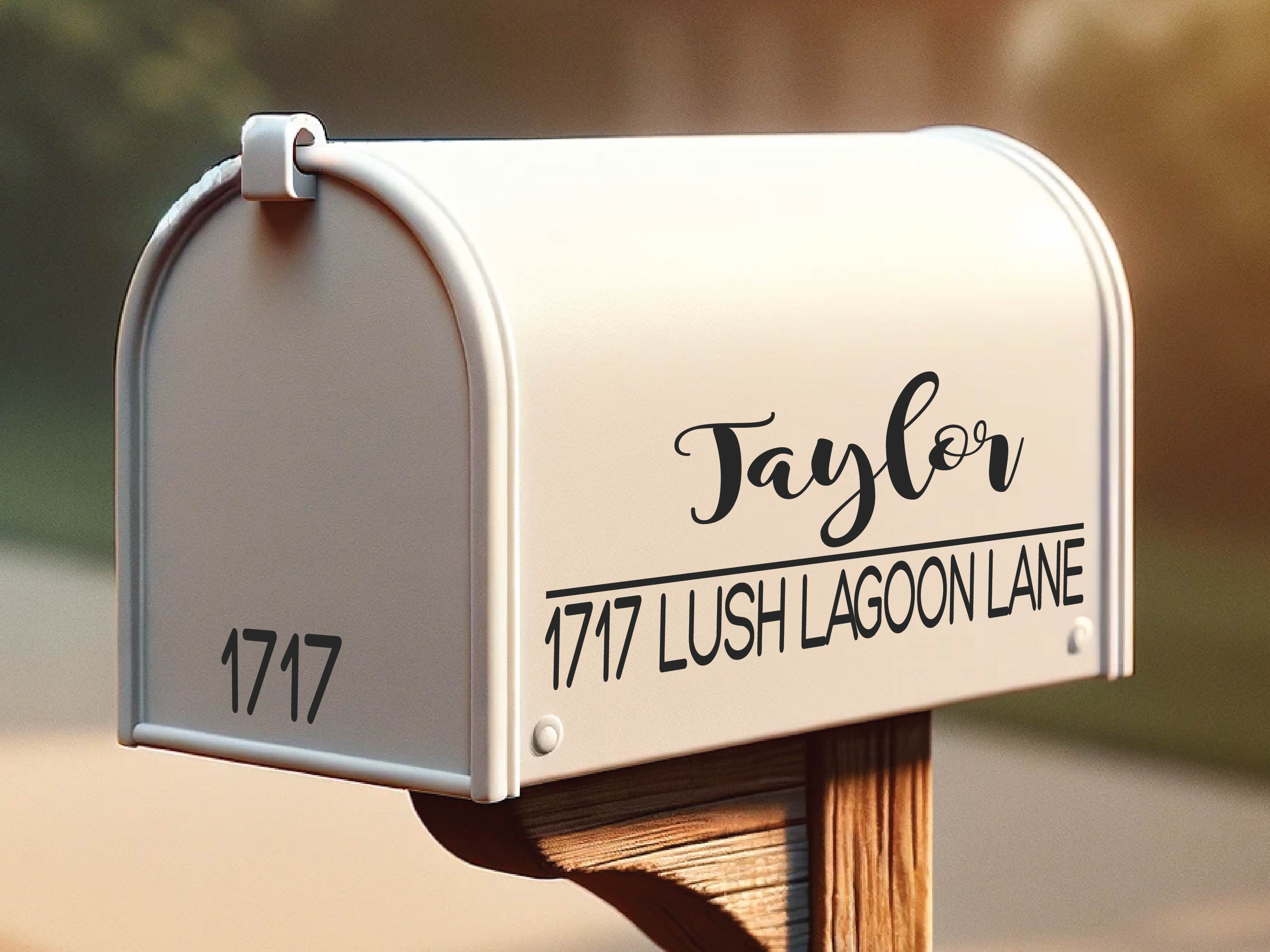 Modern mailbox with weatherproof address label in matte black vinyl