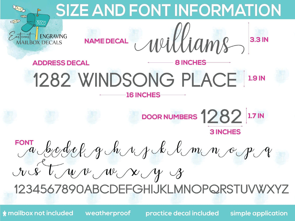Comprehensive font and size chart for custom mailbox decals, detailing options for personalized mailbox lettering and address stickers