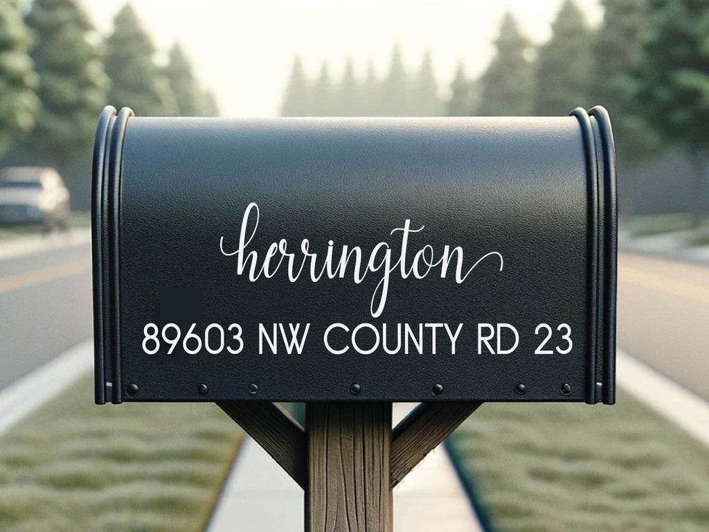 Personalized mailbox decal applied seamlessly, showing address and decorative elements