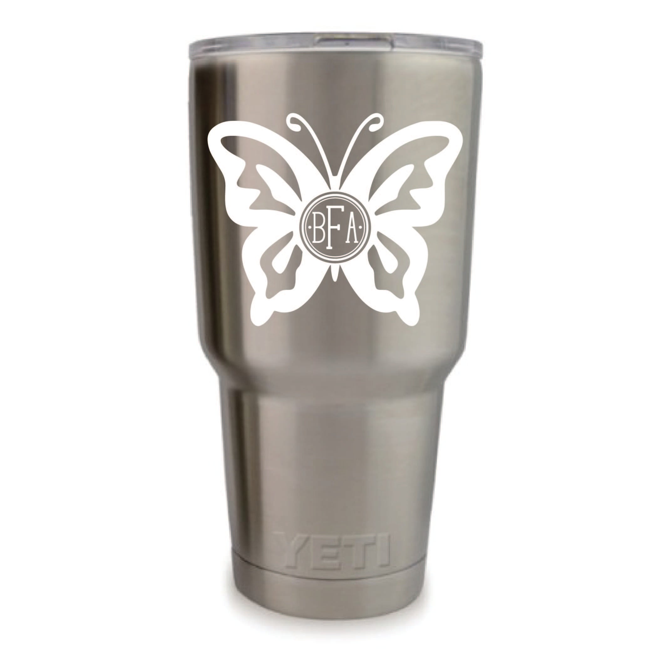 Butterfly vinyl monogram decal, personalized with three initials, 3.35 x 3.35 inch custom sticker for tumblers, cups, laptops, and tech devices