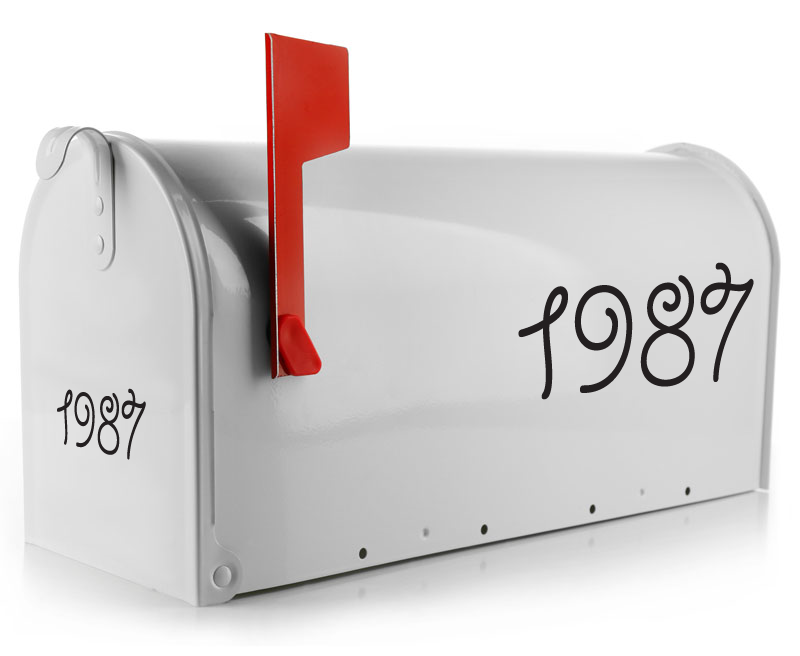 White mailbox with elegant swirl number 1987 decal in a modern font