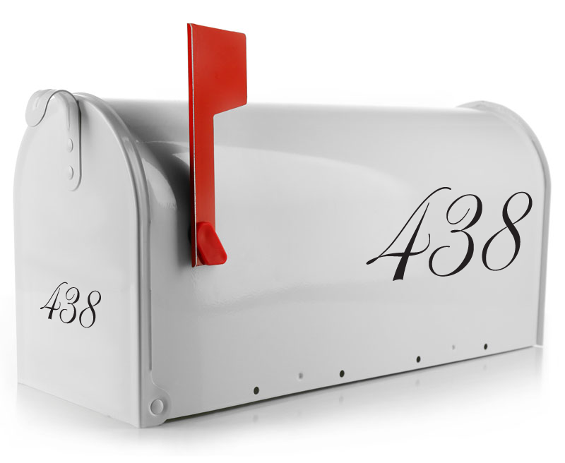 White mailbox featuring a black script mailbox number decal for a classic and sophisticated look.